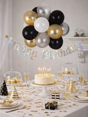 Air-Filled Latex Balloon Chandelier Kit 16” – Black Gold White (27 pcs) NIB